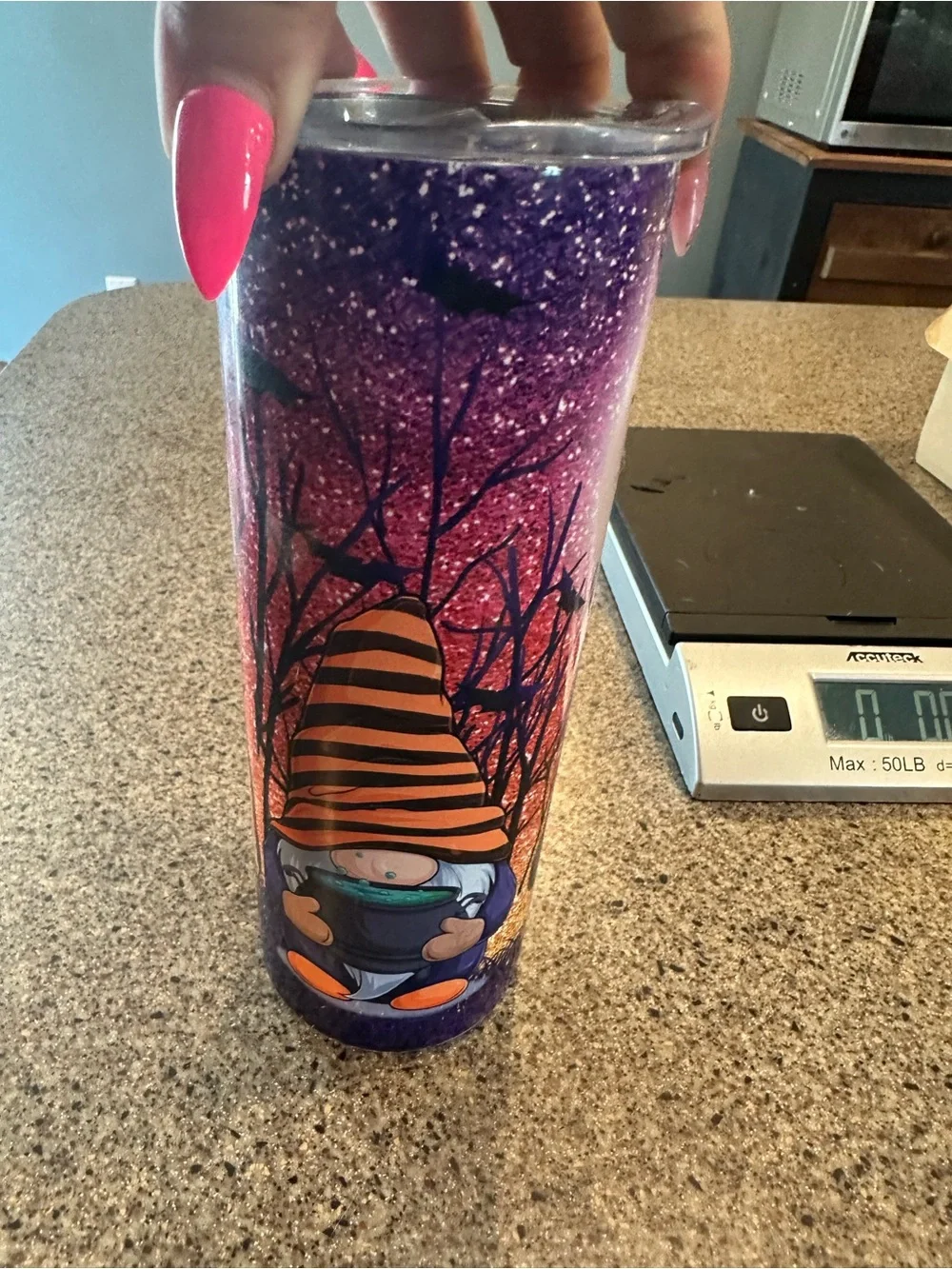 Purple Glitter Halloween Gnome Tumbler with Orange Hat
